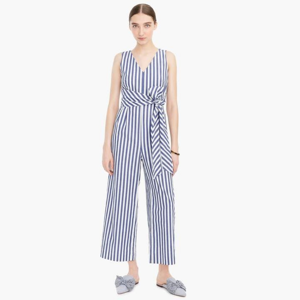 NWT J.Crew Wrap-tie jumpsuit in Blue And White striped stretch poplin Size 8